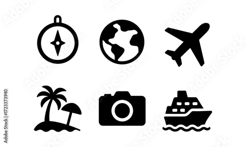 Collection of simple travel icons for design and decoration featuring globe, airplane, camera, and more