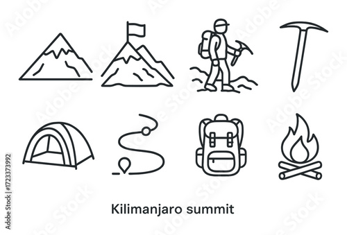 Mountain climbing icons: adventure, peaks, hiking, camping, equipment