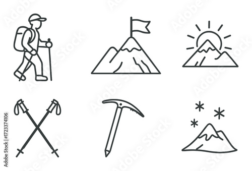 Mountain hiking icons: adventure gear and summit exploration symbols