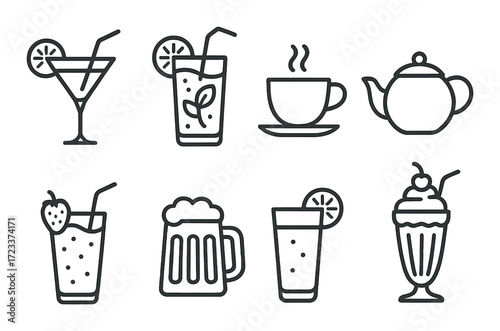 Outline icons of various beverages: cocktails, coffee, tea, and more on gradient background