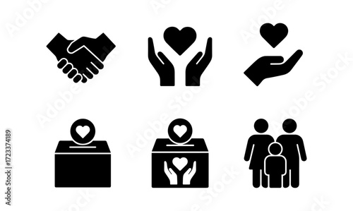 Generosity icons set: heart, hands, donation box, family symbols for charity and compassionate design