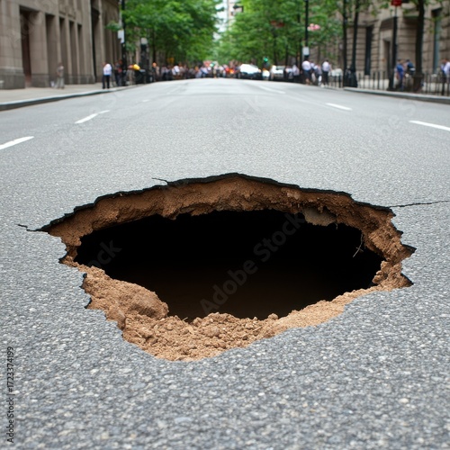 Large Deep Hole in Asphalt Road on City Street under Overcast Sky During Day In Perspective View