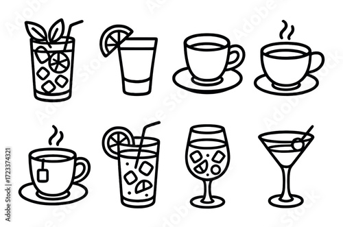 Variety of beverage icons featuring tea, coffee, and cocktails on wooden background