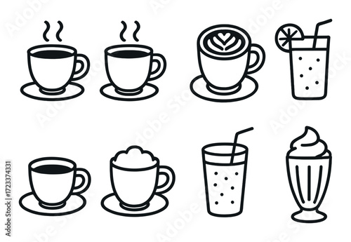 Variety of hot and cold beverage icons on brown background