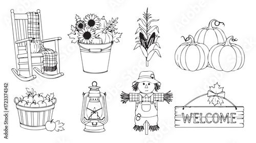 Charming hand drawn autumn harvest elements rustic farmhouse decorative clip art set silhouette