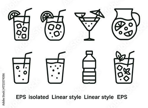 Set of seven beverage icons featuring cocktails, juice, and refreshments