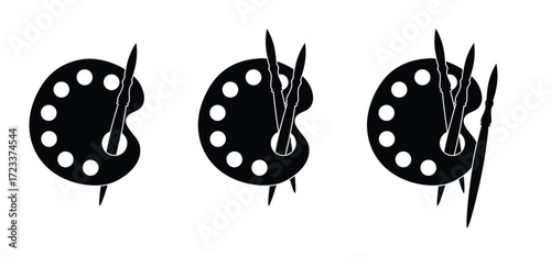 Paint board or color palettes. Pencil, paint brush for creative drawing. Paintbrushes of various shapes. Painting accessories tools. Paint palette and brush.