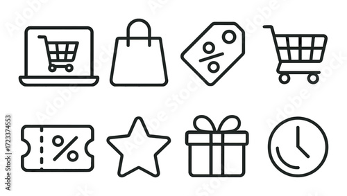 Online shopping icons set: cart, bag, discount tag, gift, and clock symbols