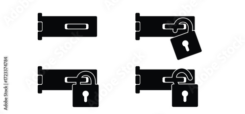 Door hinge buckle. Door hinges with keyhole padlock. Construction hardware. gates and windows tools. Repair tool. Lock or open the door or window. Hinge safety hasp concept