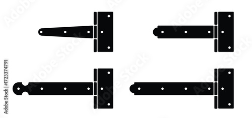 T hinge or T hinges. Door hinges construction hardware. gates and windows tools. Repair tool. Lock or open the door or window. Door hinge buckle. Door hinge icon.