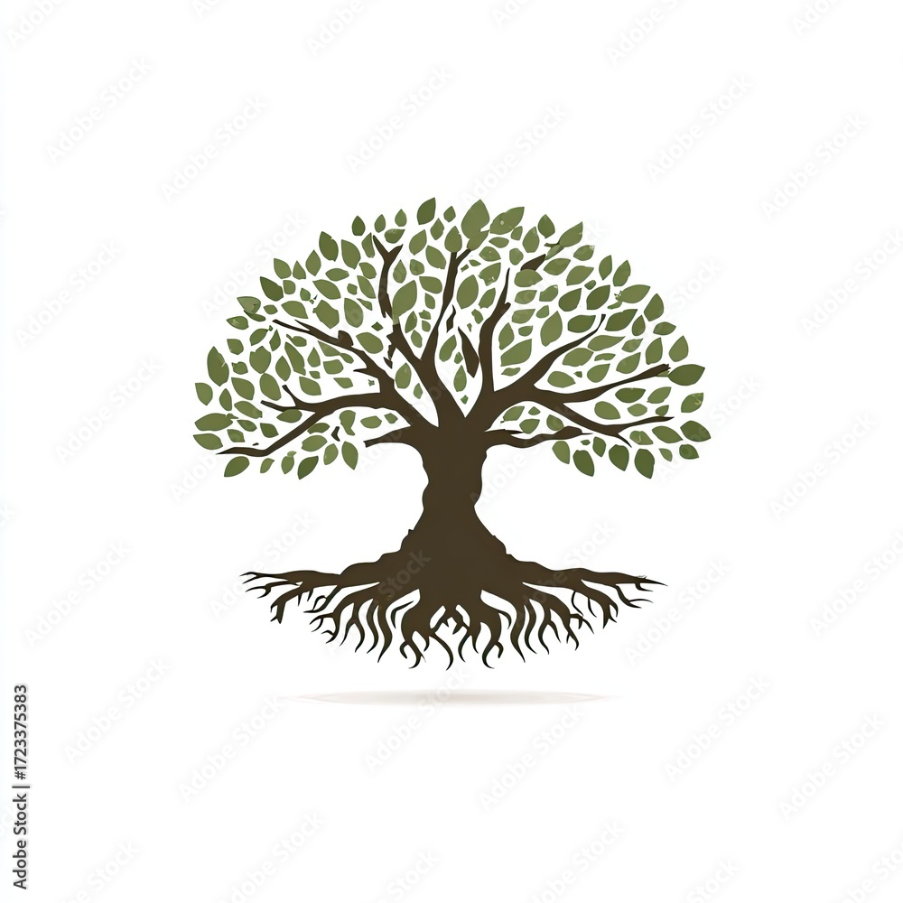 Fototapeta premium A strong oak tree logo with roots and leaves symbolizing growth brown and green isolated on white background
