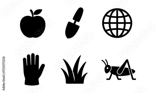 Colorful vector objects featuring apple, trowel, globe, glove, grass, and grasshopper for design use