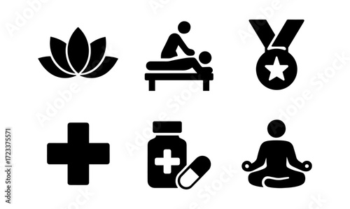 Wellness and healthcare icons: yoga, massage, medical symbols for holistic design projects