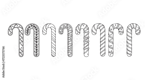 Collection of seven festive christmas candy canes with traditional red and white stripes silhouette