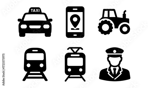 Transport icon set featuring taxi, tractor, smartphone navigation, train, tram, and conductor for digital and print use