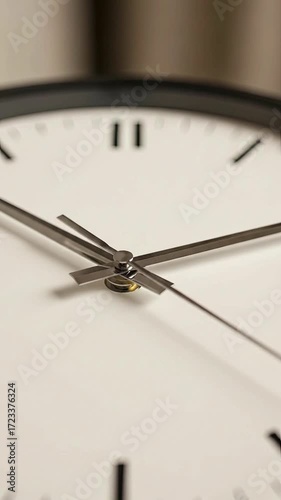 Wallpaper Mural A close-up angled view of a minimalist analog clock with a white face black markers and metallic hands The center is in sharp focus while the black rim and background are blurred Torontodigital.ca