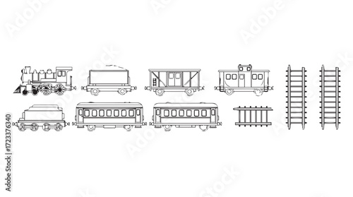 Vintage train car blueprints and technical drawings of old railway wagons silhouette