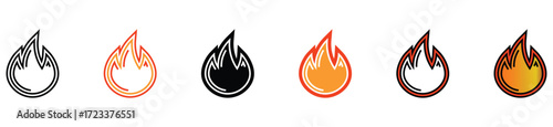 Fire Flame Icon Set. Collection of Burning Fire Symbols in Flat and Outline Style