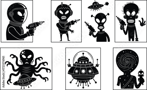 Alien, UFO, astronaut, ray gun, space monster, extraterrestrial, flying saucer, galaxy, invasion, retro sci-fi, cosmic illustration, vector set