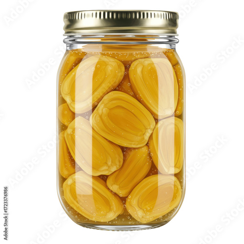 Glass jar of pickled yellow peppers with golden lid isolated on white background