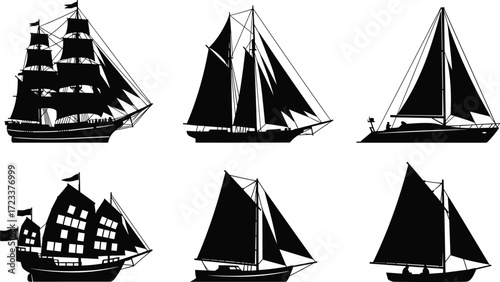 Black silhouette sailing ships, vintage boats, yacht illustration, nautical transportation, maritime vessels, old galleon, sailboat design, sea travel, ocean adventure, harbor