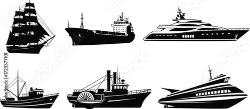 Black silhouette ships, cargo vessel, fishing boat, luxury yacht, steamship, cruise liner, nautical transport, vintage sailboat, ocean travel, marine design, harbor illustration