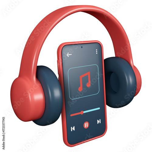 Vector illustration of red headphones with a smartphone displaying a music player interface, featuring play, pause, and skip controls. Perfect for themes of music, audio, streaming, and entertainment