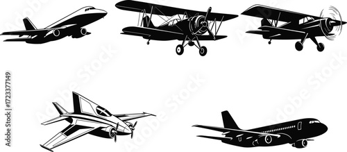 Airplane silhouette set, jet aircraft vector, vintage biplane illustration, modern airplane clipart, military jet design, aviation transport collection