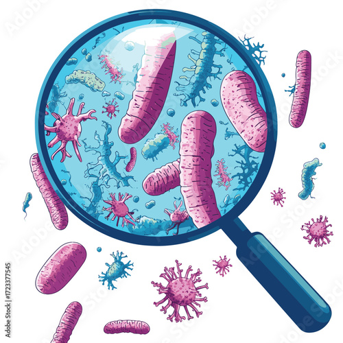 bacteria microorganism captured by magnifying Glass on white floor , vector style simple color