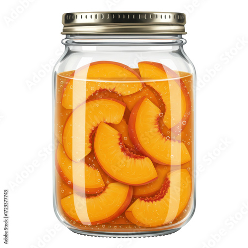 Vibrant peach slices preserved in a glass jar isolated on white background