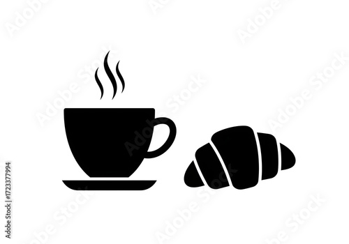 Wallpaper Mural Flat icon of a steaming coffee cup and croissant, black on a clean white background, isolated. Restaurant equipment symbol, sunny morning. Torontodigital.ca