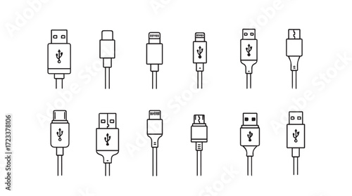 Collection of usb connector types hand drawn sketch style line art silhouette