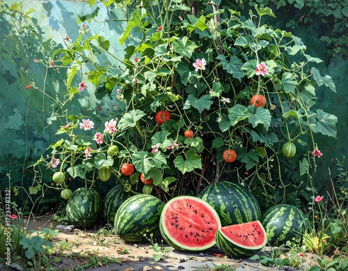 Watermelons and tomatoes grow in a garden