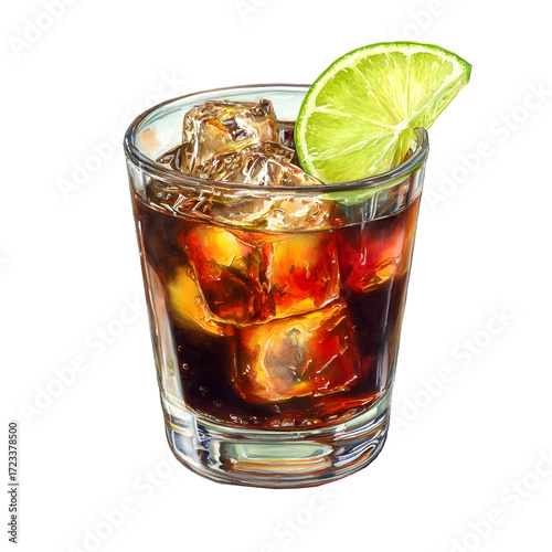 Watercolor rum and coke cocktail with lime garnish in short glass, classic artistic drink.