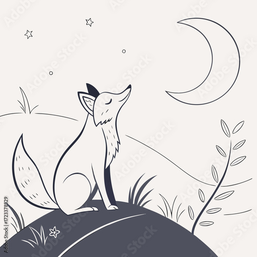 A charming minimalist line drawing of a cute fox sitting on a hill under a crescent moon and stars at night with a simple artistic style