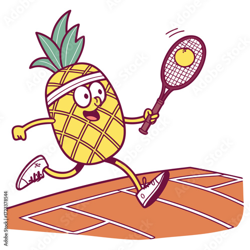 A cheerful cartoon pineapple wearing a headband and athletic shoes enthusiastically plays tennis on a court hitting a ball with a racket