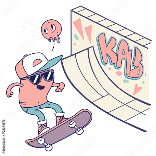 A cool cartoon character with sunglasses and a baseball cap rides a skateboard on a ramp with graffiti art and a small floating ghost nearby