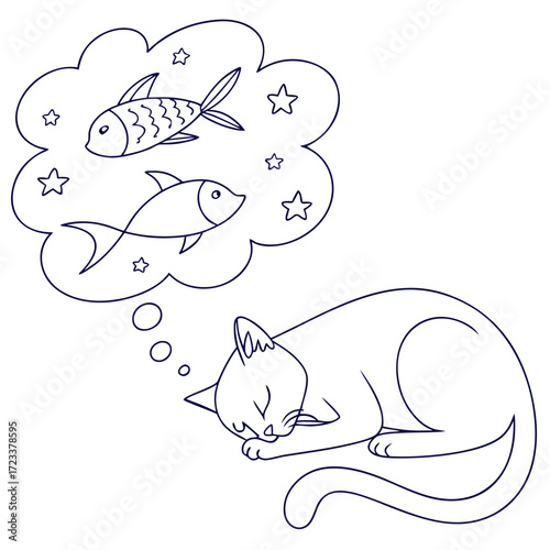 A cute cartoon cat is sleeping peacefully and dreaming of catching two delicious fish swimming among stars in a thought bubble illustration