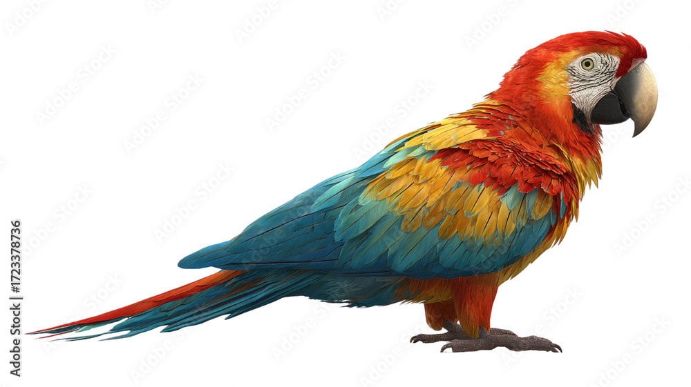 Obraz premium Vibrant tropical illustration of exotic colorful parrot with detailed feathers, bright plumage, vivid wings, perched bird artwork isolated on white background 