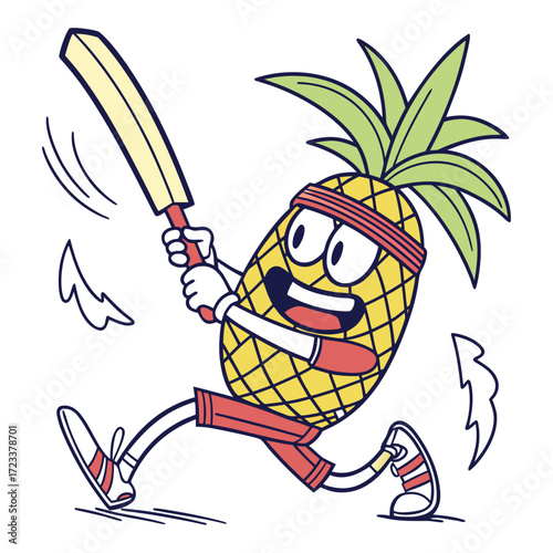A happy cartoon pineapple character wearing a headband and shorts is enthusiastically playing cricket swinging a bat with a determined expression and energetic motion