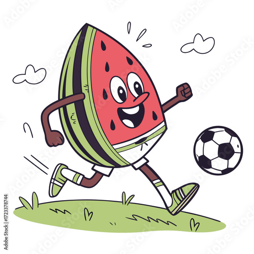 A happy cartoon watermelon character wearing shorts and sneakers joyfully playing soccer kicking a ball on a grassy field with clouds in the background