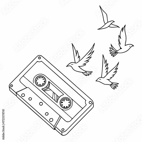 A minimalist line art illustration of a vintage cassette tape with four birds flying away from it symbolizing freedom and the release of music and memories