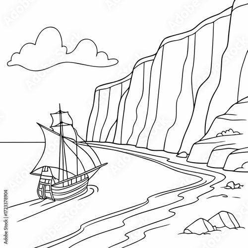 A vintage sailing ship navigates along a rocky coastline under a cloudy sky in a simple line drawing illustration