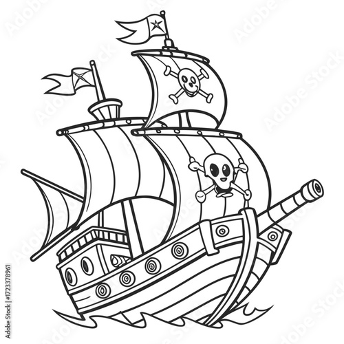 A whimsical black and white illustration of a cartoon pirate ship sailing on wavy water featuring skull and crossbones flags and a friendly skull figurehead