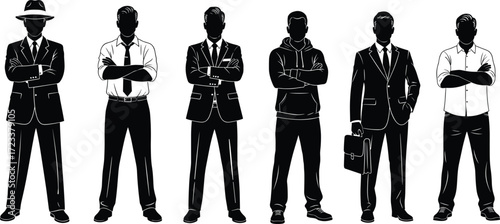 Businessman silhouettes, men in suits, formal and casual outfits, office worker, hoodie, briefcase, corporate people, professional male illustration, vector