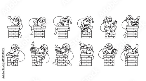 Set of charming line art santas descending chimneys for festive christmas designs silhouette