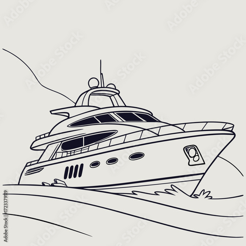 Elegant luxury yacht cruising on wavy water with a minimalist line art style and a neutral background for versatile design use