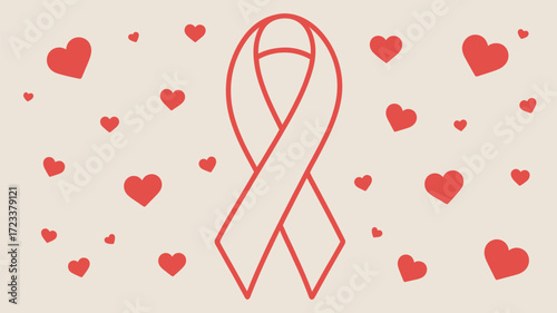 Red ribbon with many red hearts scattered around it on a light beige colored background illustration