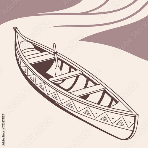 Stylized illustration of a traditional canoe with a paddle resting inside set against a minimalist background with abstract wavy lines suggesting water or landscape