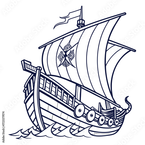 Stylized illustration of a historical sailing ship with patterned sails and a decorative emblem navigating through rough seas rendered in a bold outline drawing style on a white background